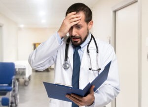 Desperate doctor looking at a document